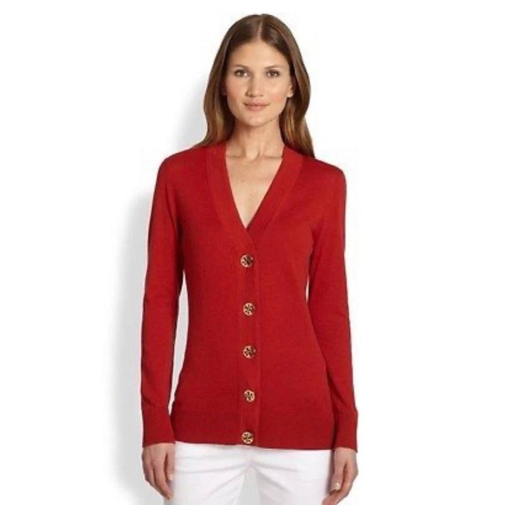 Tory Burch Coral Merino Wool Ribbed V-Neck Cardigan Gold Logo Button Sweater L